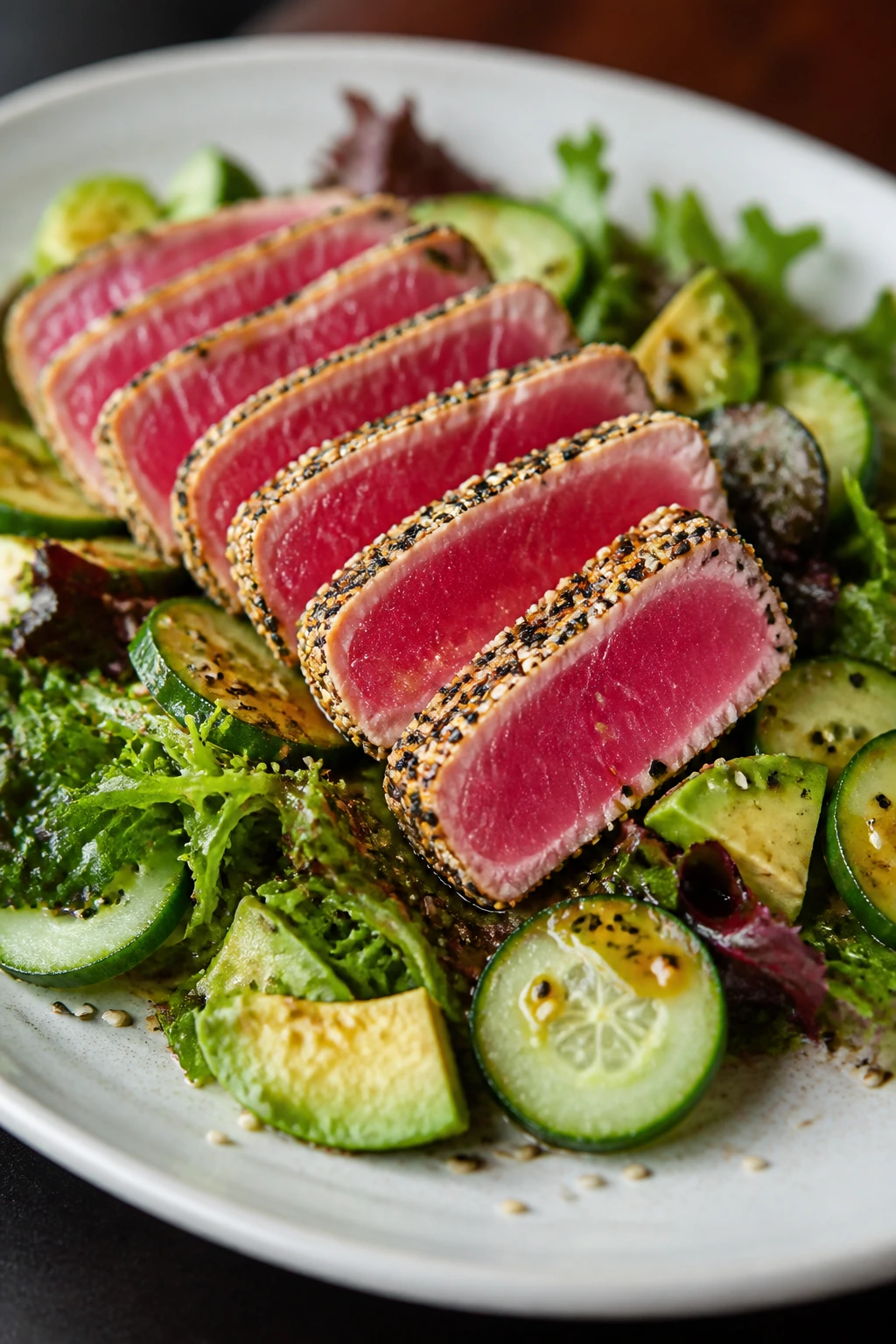 Sliced seared ahi tuna on greens with cucumber and avocado