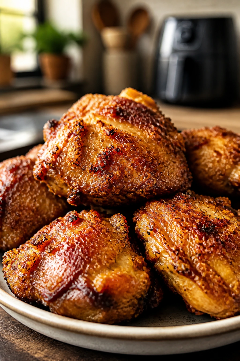 Close-up of juicy crispy air-fried chicken thighs on a warm kitchen counter