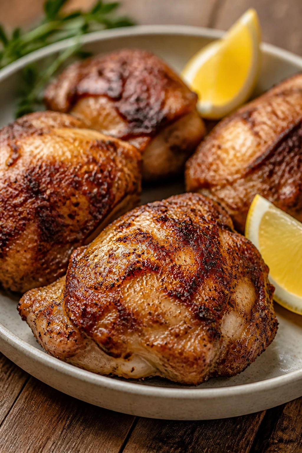 Plate of crisp air-fried chicken thighs on a wooden board with lemon