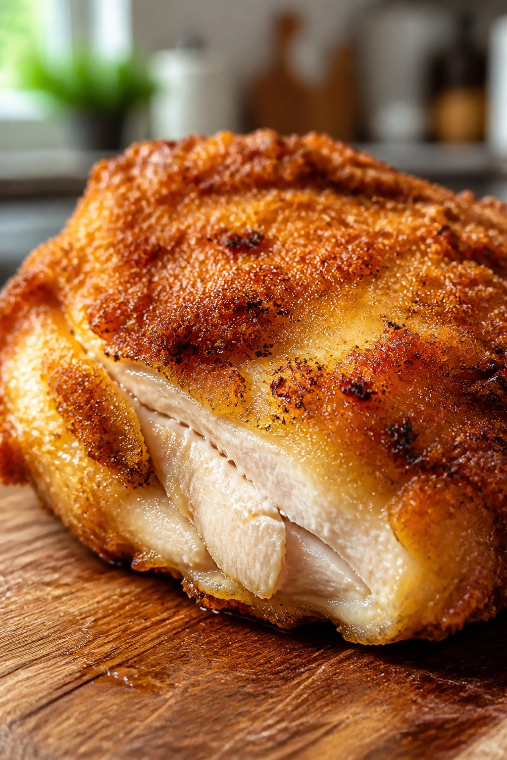 Close-up of a golden air-fried chicken thigh with juicy interior on wooden board