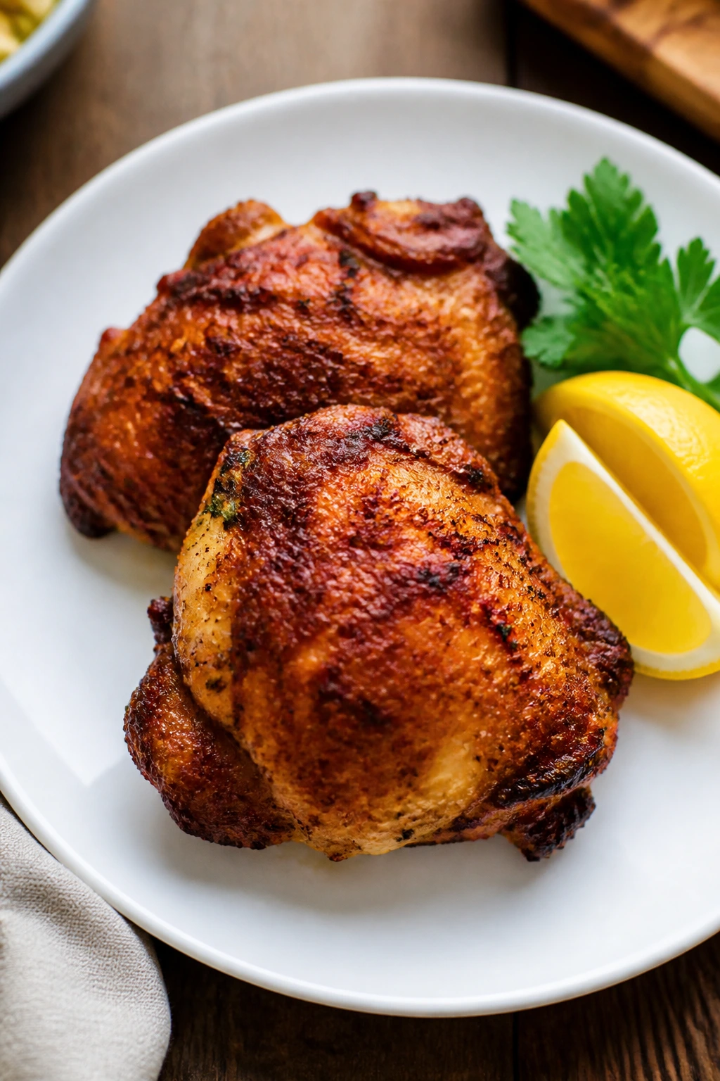 Two crispy air-fried chicken thighs on plate with lemon and parsley