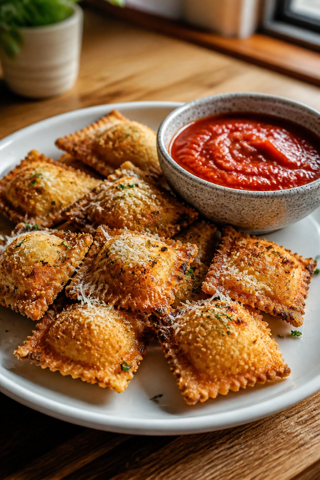 Close-up of crispy ravioli with marinara for dipping on a plate