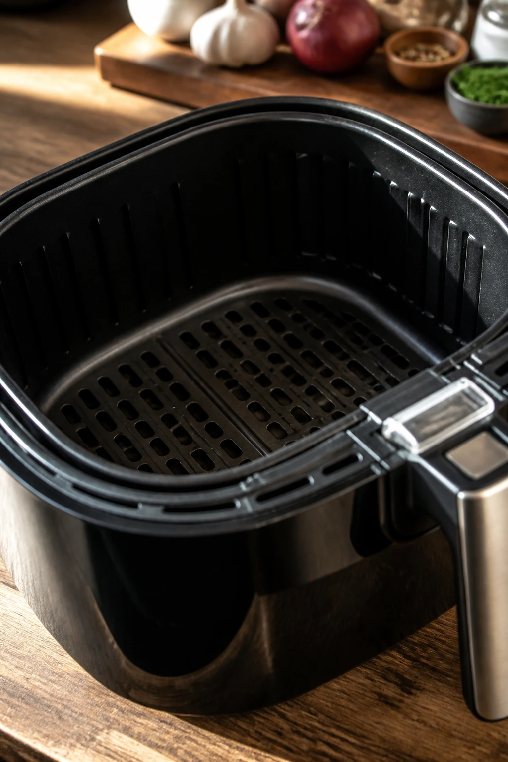 Air fryer basket close-up on wooden kitchen counter