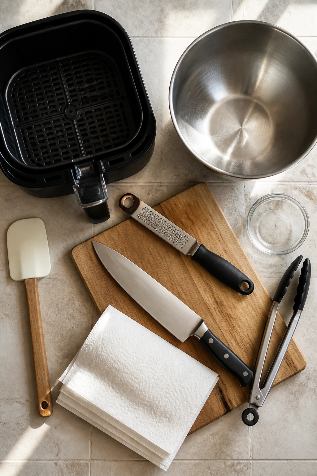 Top-down shot of essential kitchen tools for air fryer vegetables