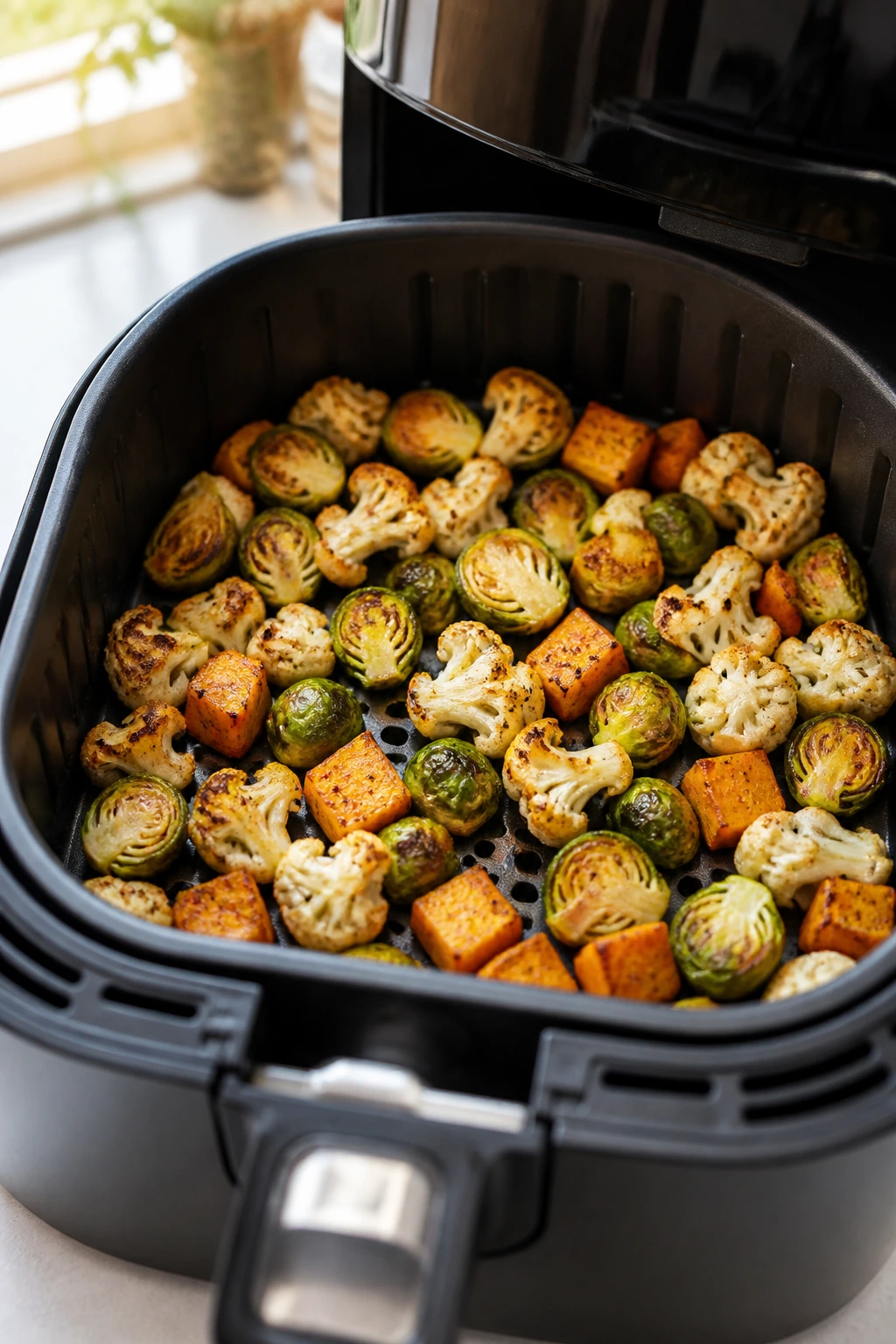 Air fryer basket with a single layer of crispy vegan foods