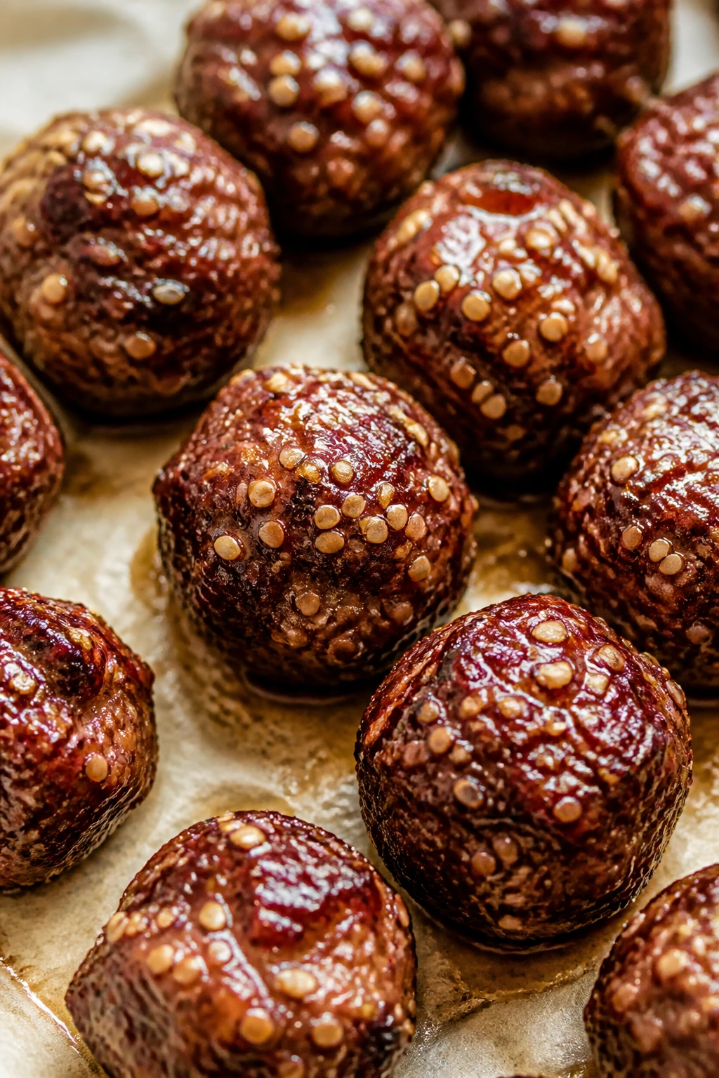 Air-fryer sesame beef meatballs with glaze on parchment