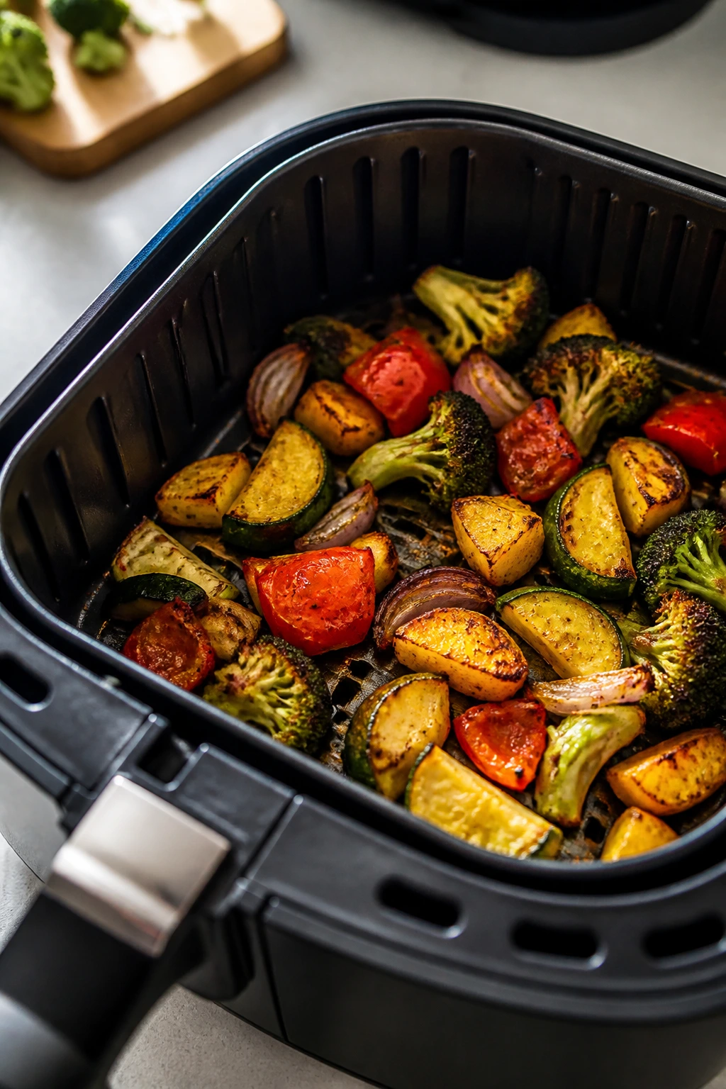 Air fryer basket with browning vegetables inside