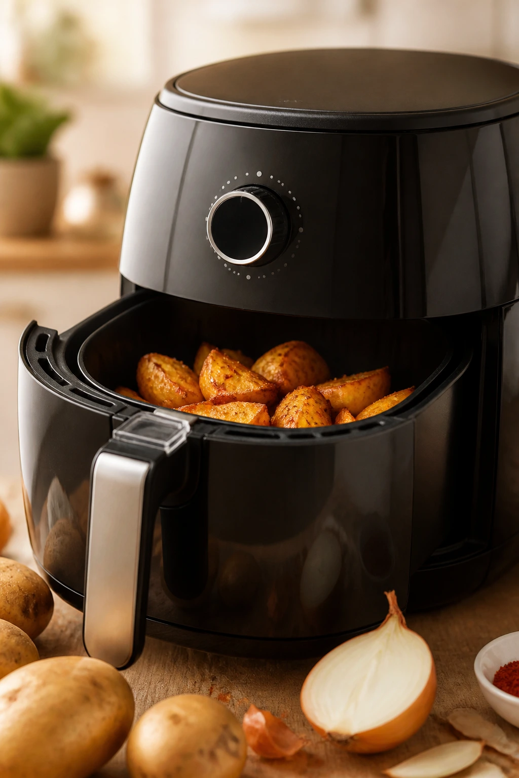 Air fryer in a kitchen with budget ingredients around it