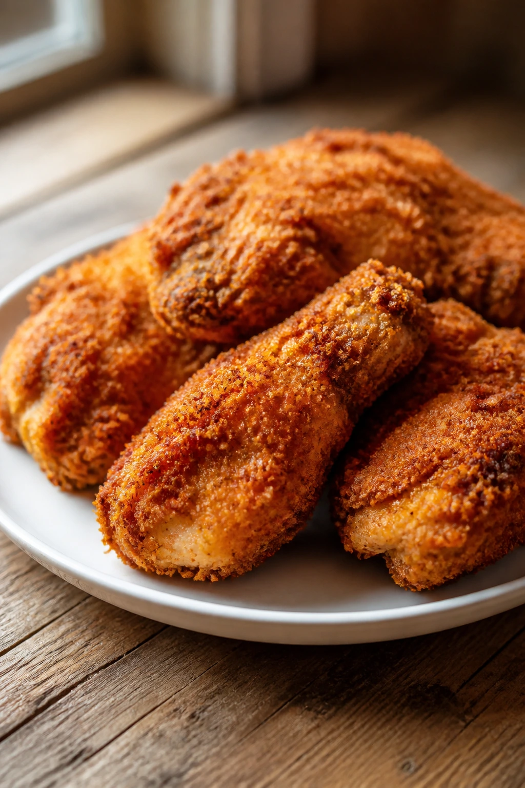Crispy air fryer chicken on a plate in a bright kitchen