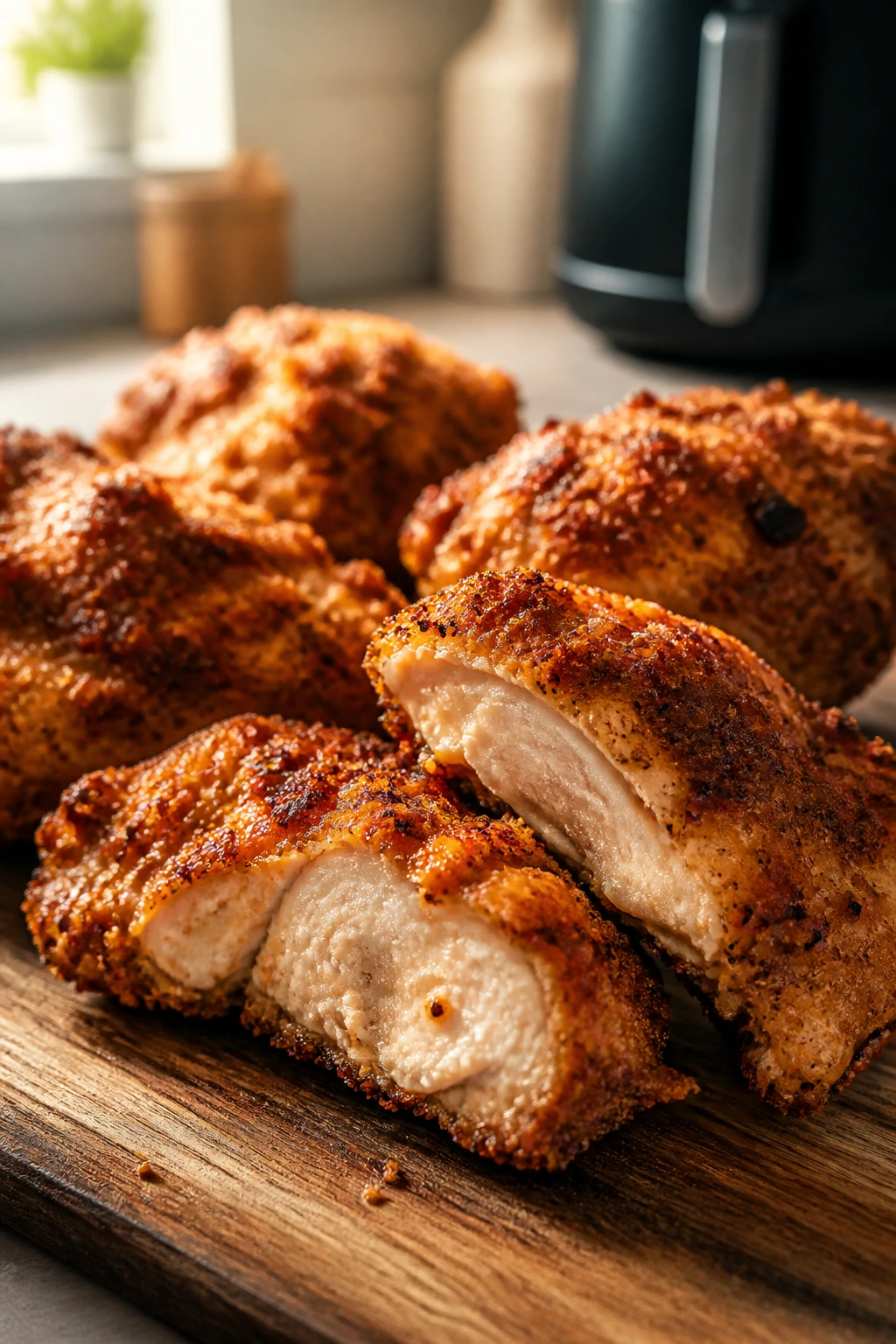 Close-up of crispy air fryer fried chicken thigh on wooden board in a cozy kitchen