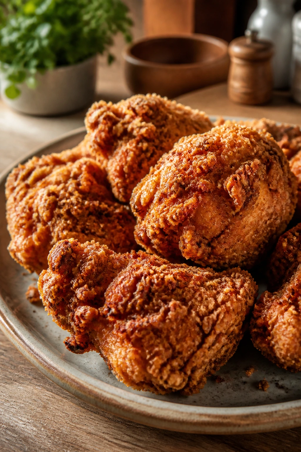 Close-up of crispy air fryer fried chicken on a rustic plate in a warm kitchen