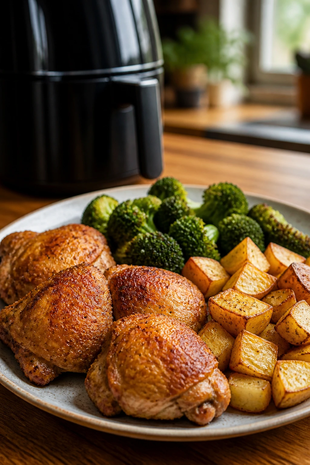 Close-up of a plate with crispy air-fried chicken thighs, potatoes, and broccoli on a wooden counter