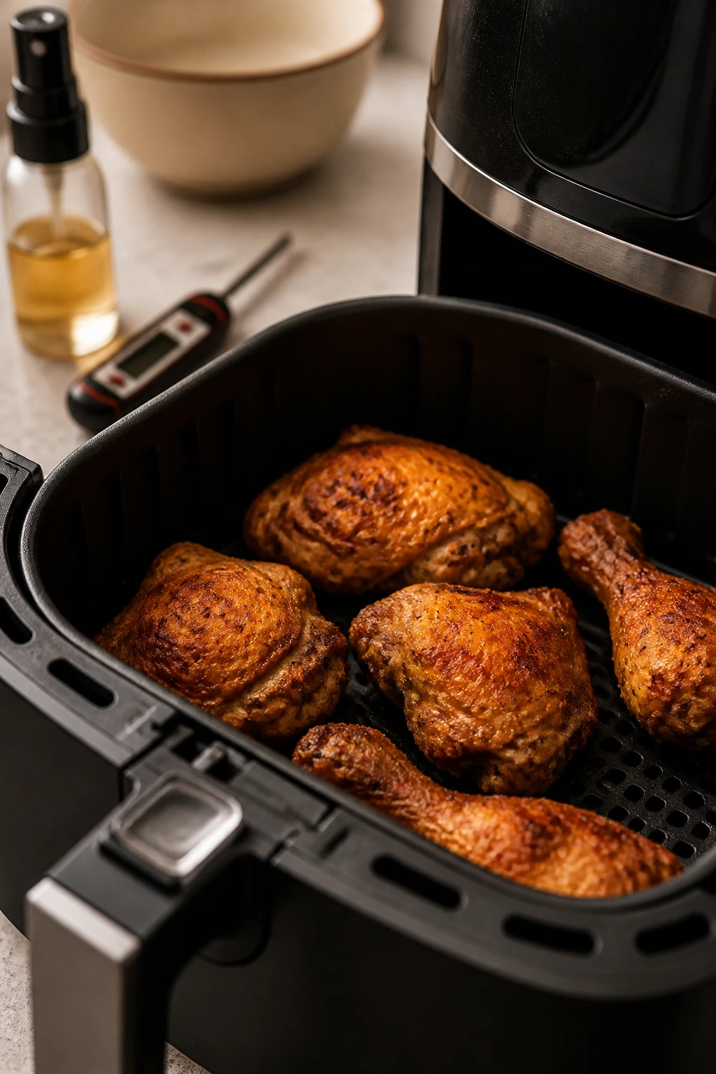 Air fryer basket with crispy chicken inside