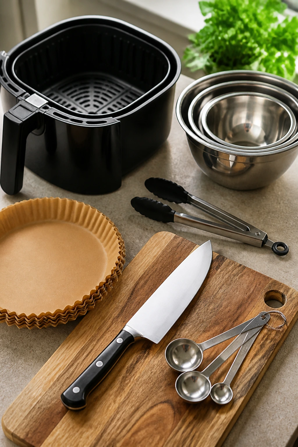 Close-up arrangement of essential vegan air fryer equipment on counter