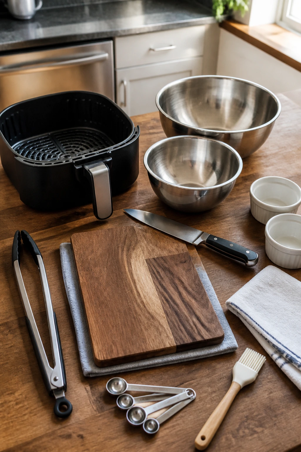 Close-up of essential air fryer kitchen tools arranged on a wooden surface