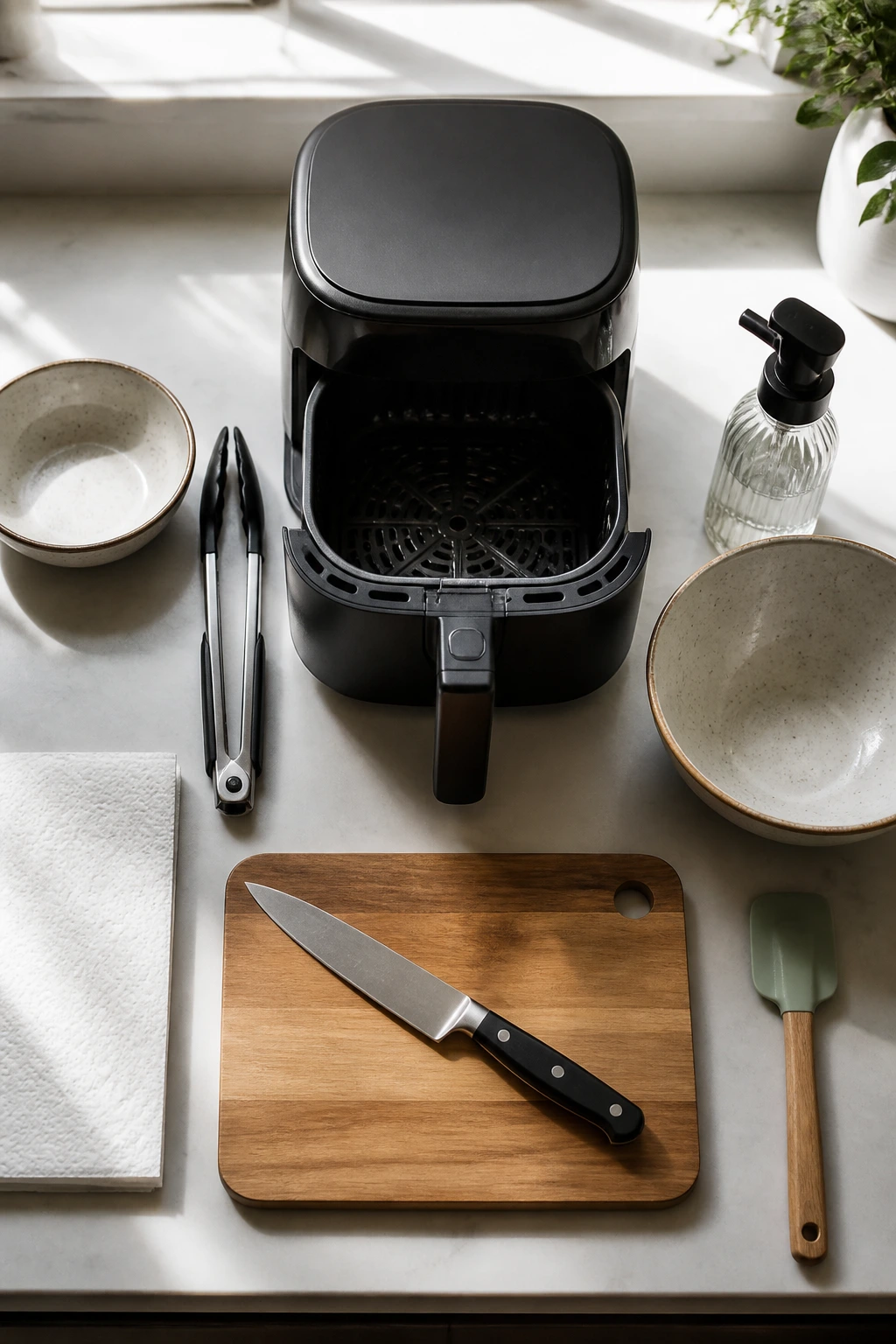 Tools arranged on counter illustrating essential air fryer equipment
