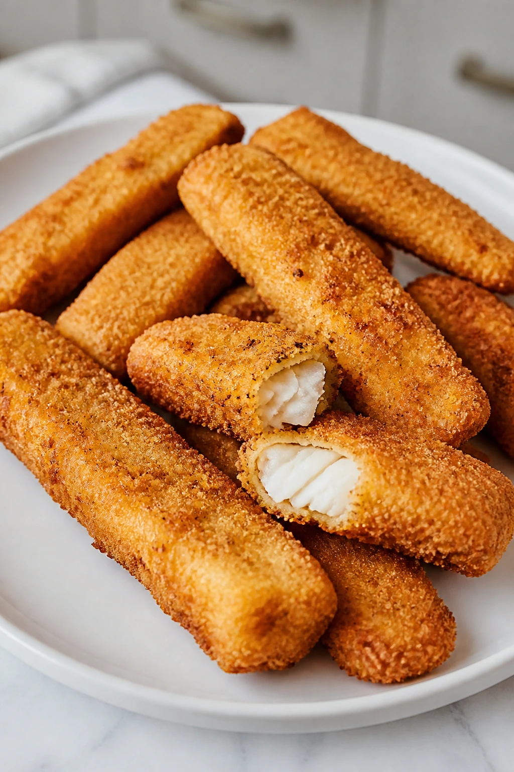 Crispy air-fryer fish sticks on a plate