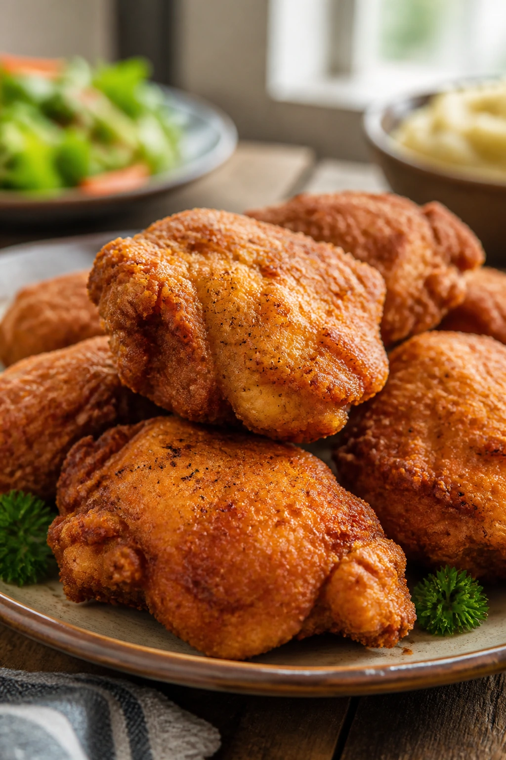 Crispy air fryer fried chicken on plate in cozy kitchen