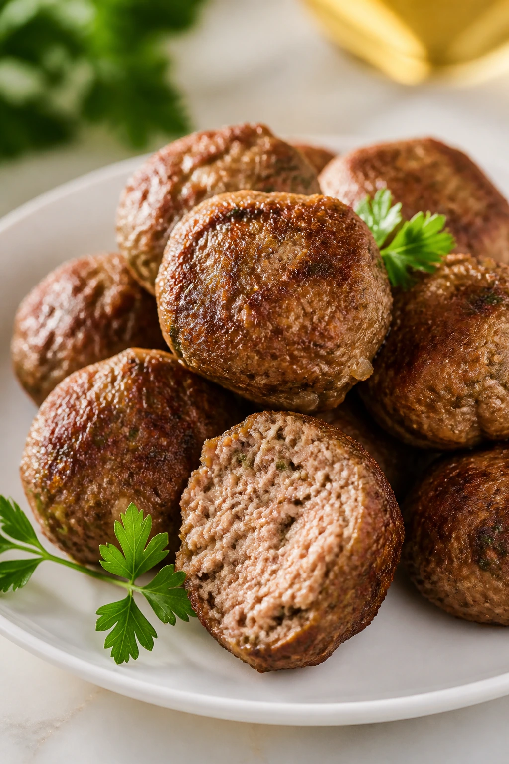 Close-up of crispy air-fryer keftedes on a plate with parsley in a bright kitchen