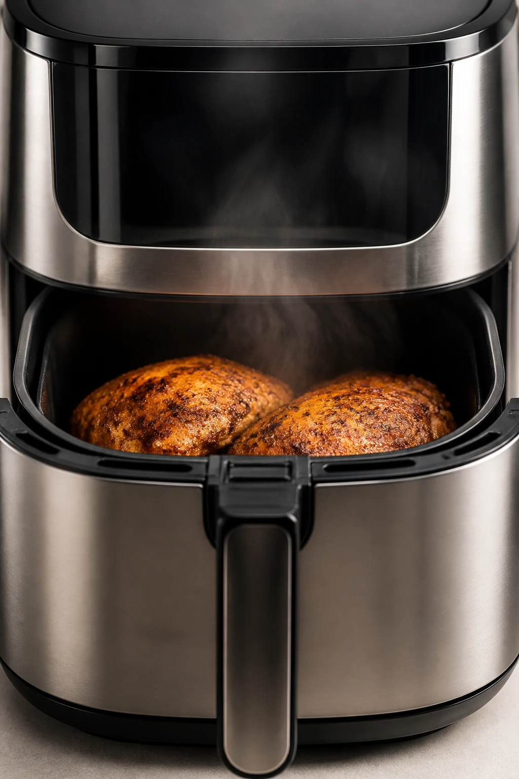 Air fryer on a kitchen counter ready for keto protein cooking