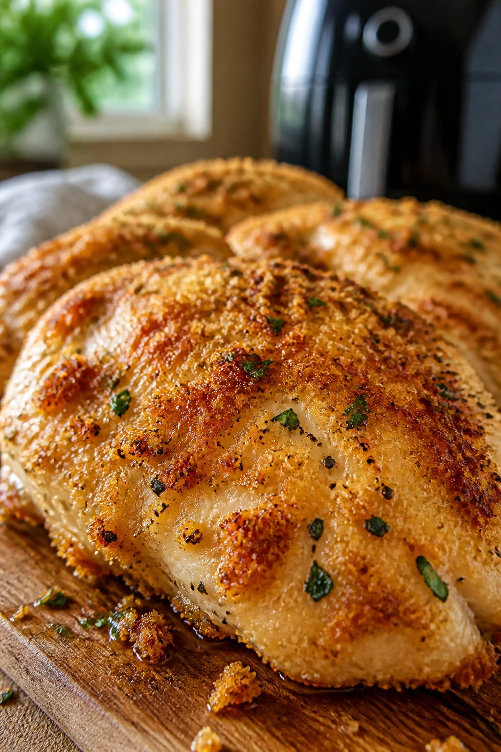 Close-up of crispy air fryer parmesan chicken on a plate in a warm kitchen
