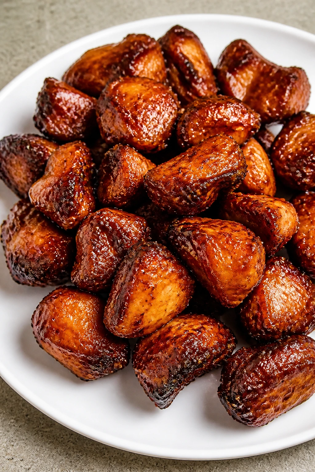 Glossy air-fried teriyaki chicken bites on a plate