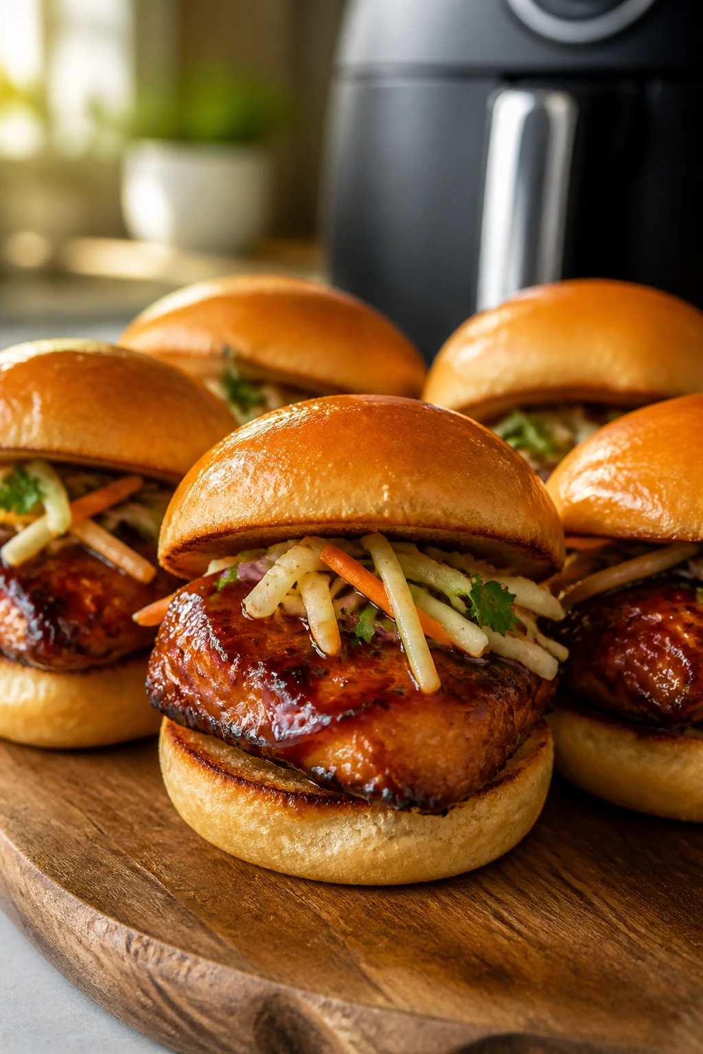 Close-up of air fryer teriyaki chicken slider with crispy edges
