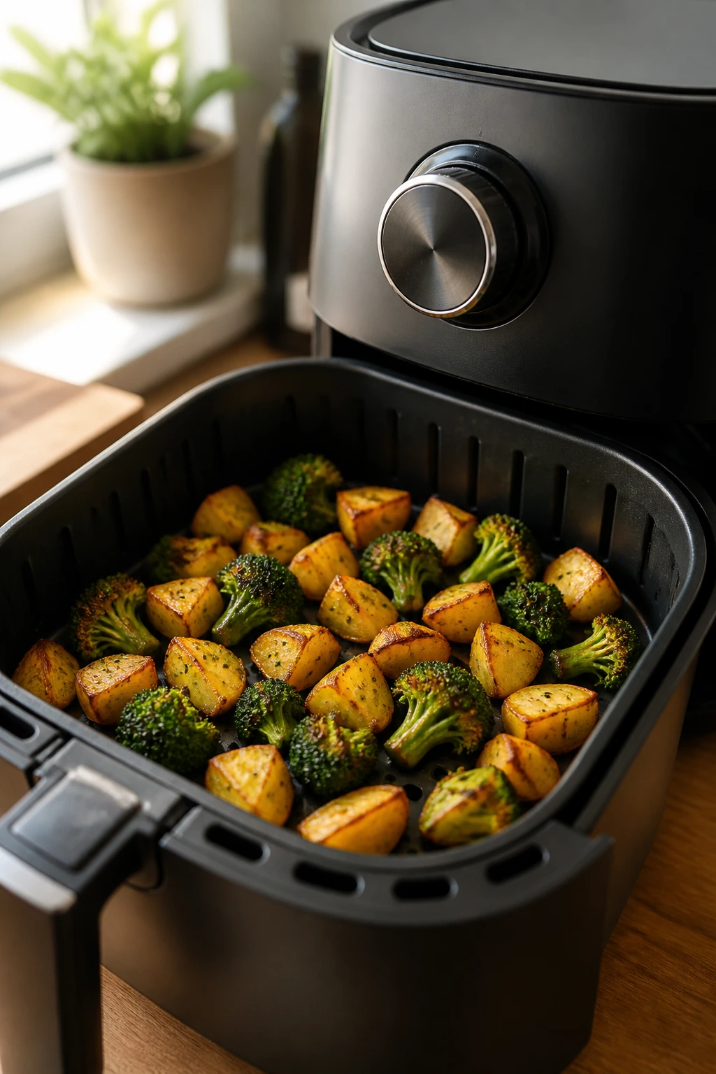 Air fryer basket with evenly spaced potatoes and broccoli browning