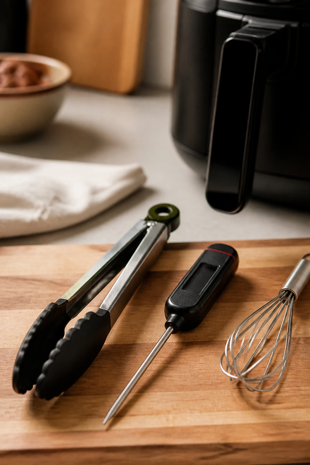 Essential air fryer tools arranged on counter