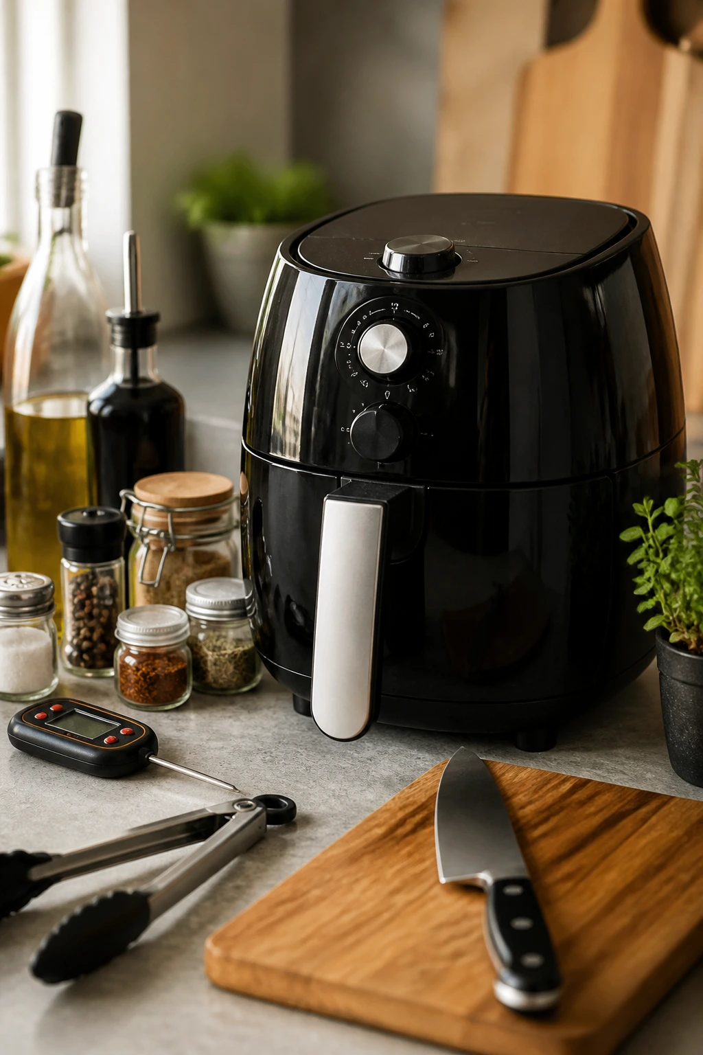 Air fryer with thermometer, tongs, knife and cutting board on a countertop