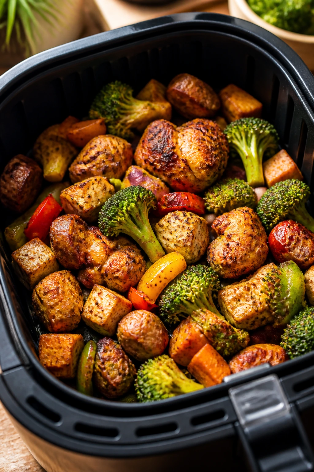 Air fryer basket with a colorful mix of proteins and vegetables, representing diet variations.