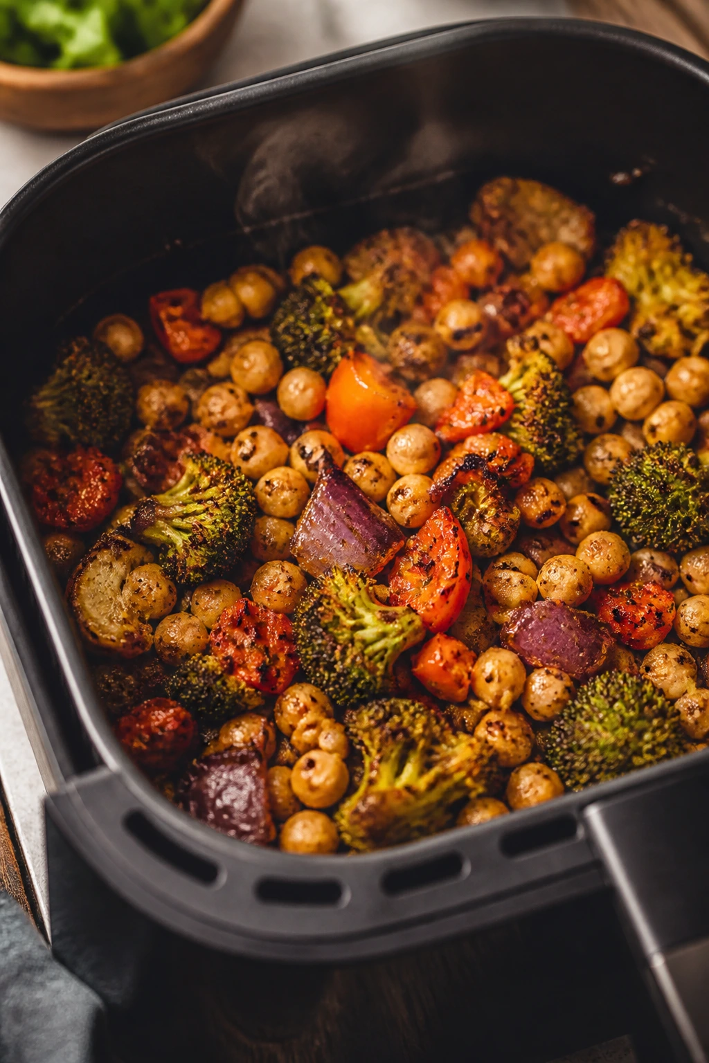 Close-up inside air fryer basket with browning vegan ingredients