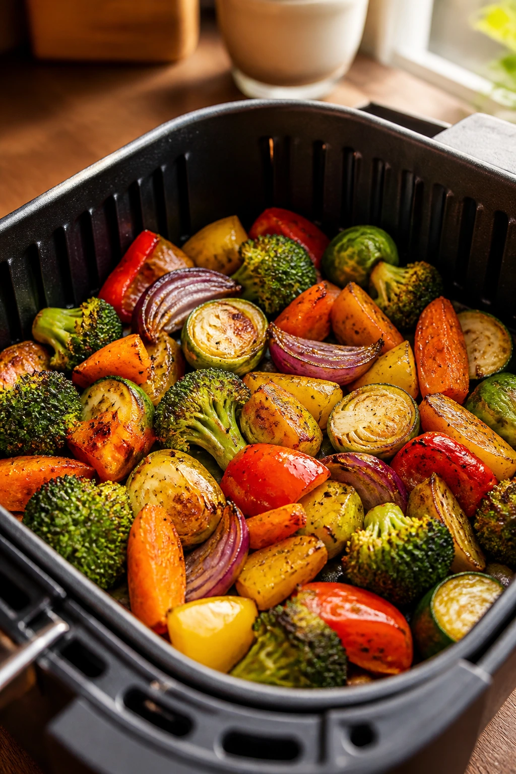 Close-up of vegetables browning in an air fryer basket