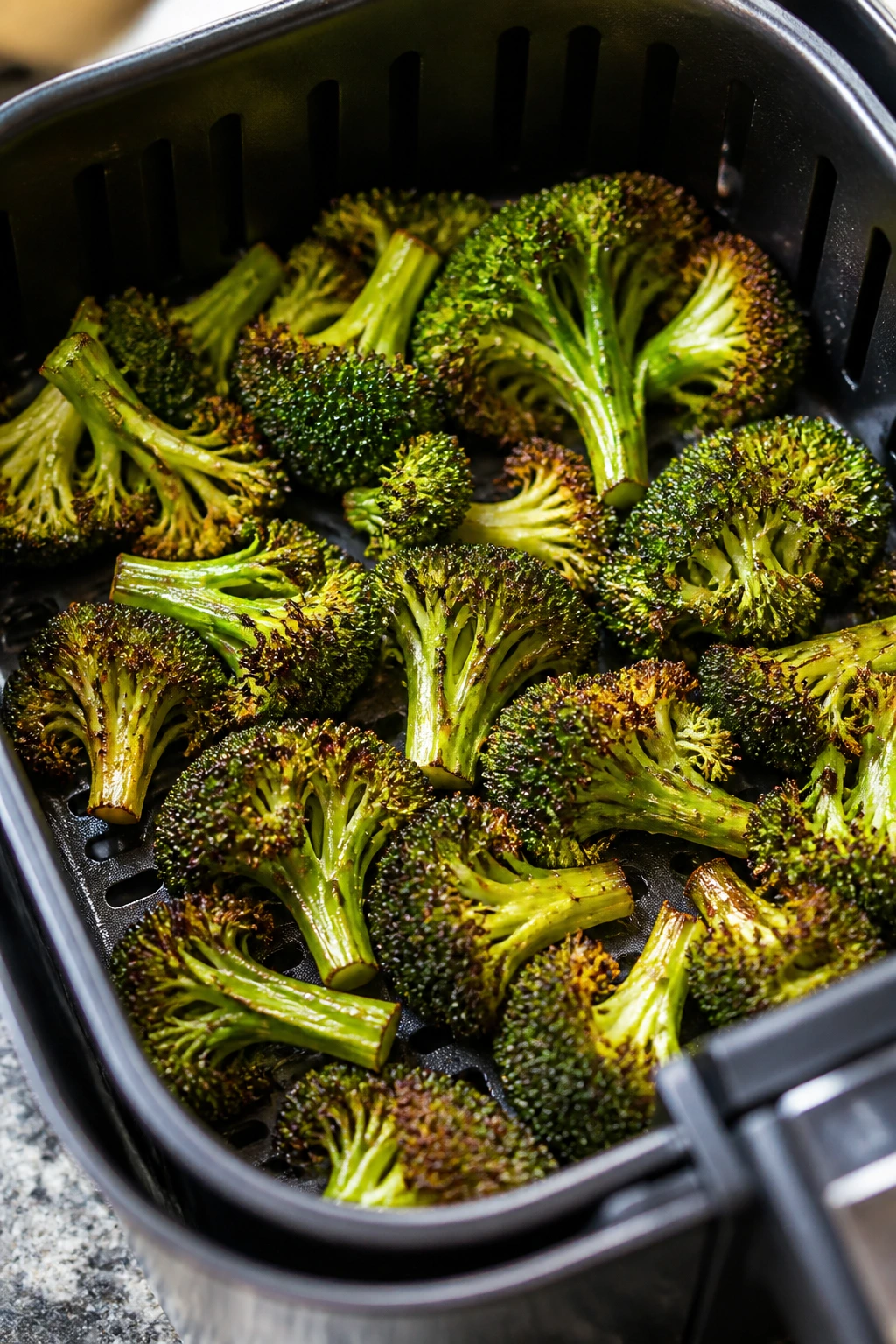 Broccoli florets in an air fryer basket with crisp edges