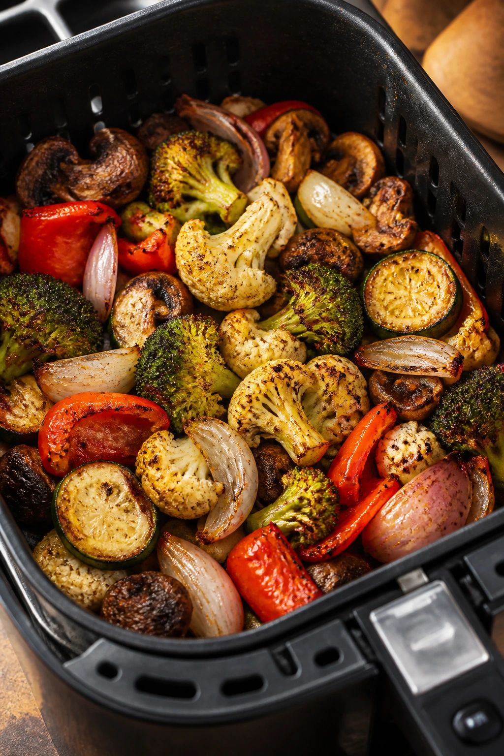 Close-up of bronzed air fryer basket with colorful vegetables in a real kitchen