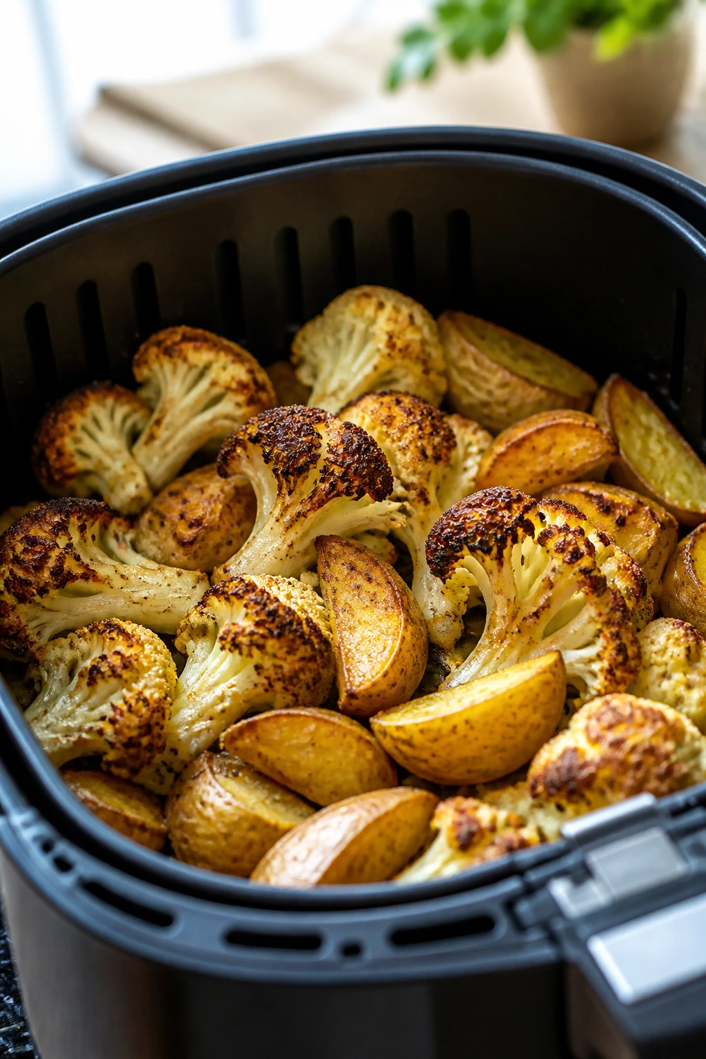 Air fryer basket with crisp vegetables