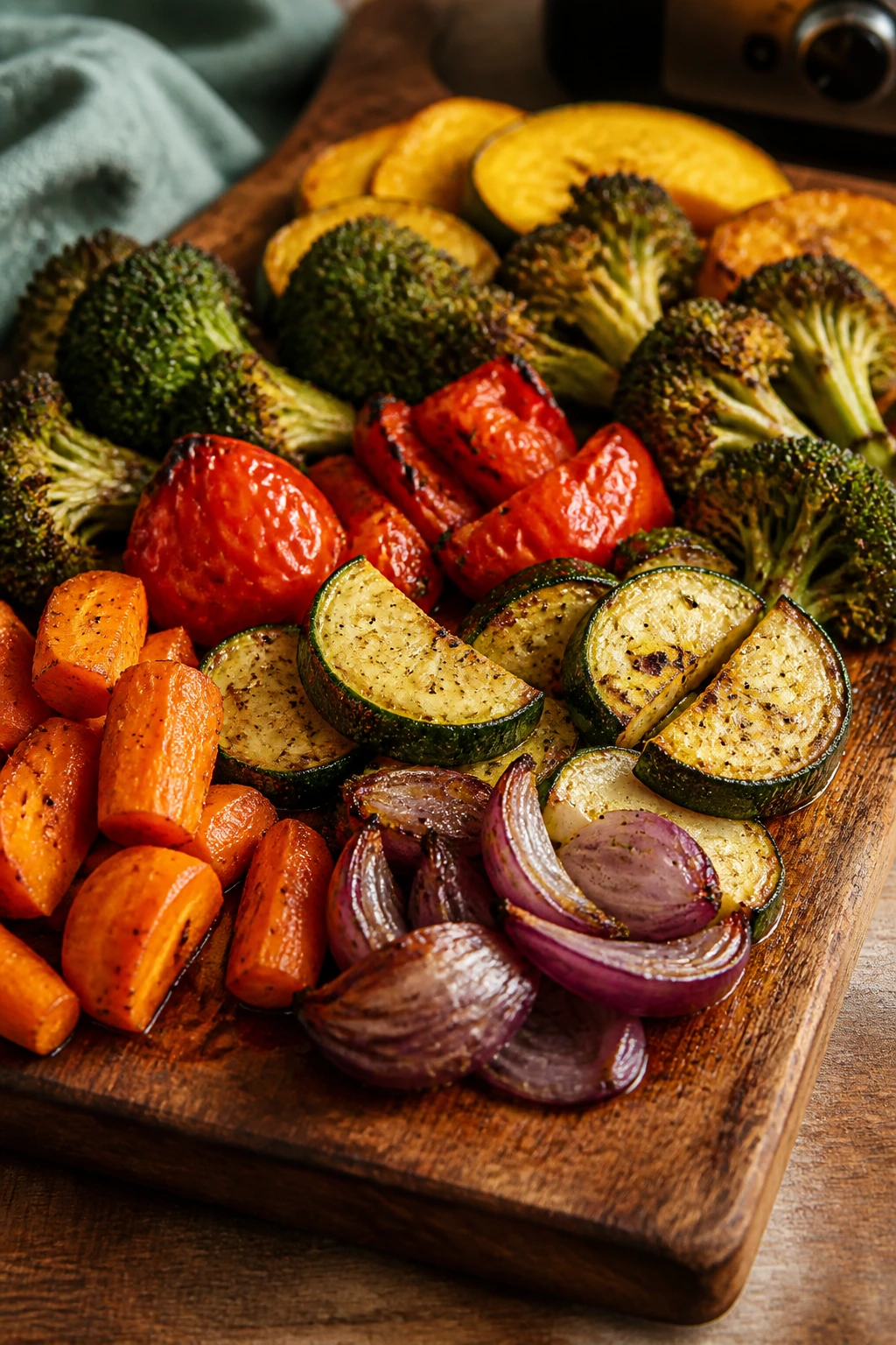 Close-up of a colorful plate of air-fried vegetables with crisp browned edges