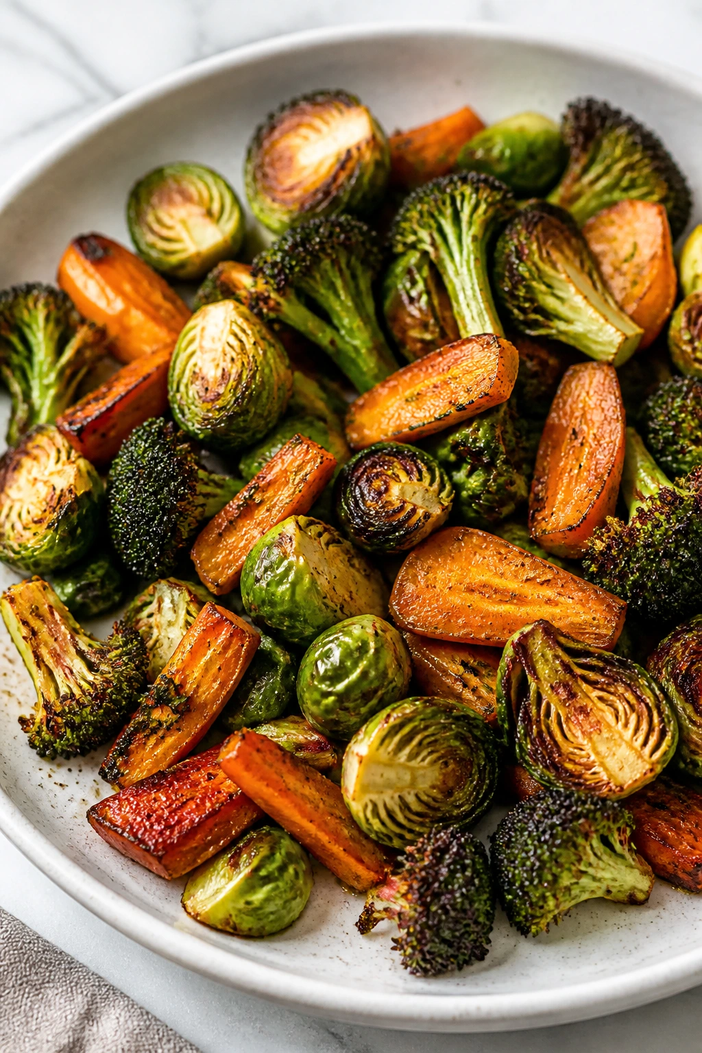 Plate of crisp air-fried vegetables showing browning and texture