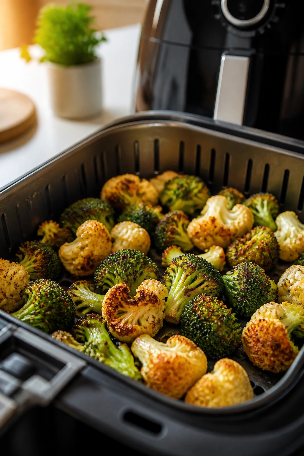 Crispy vegetables in an air fryer basket with browned edges