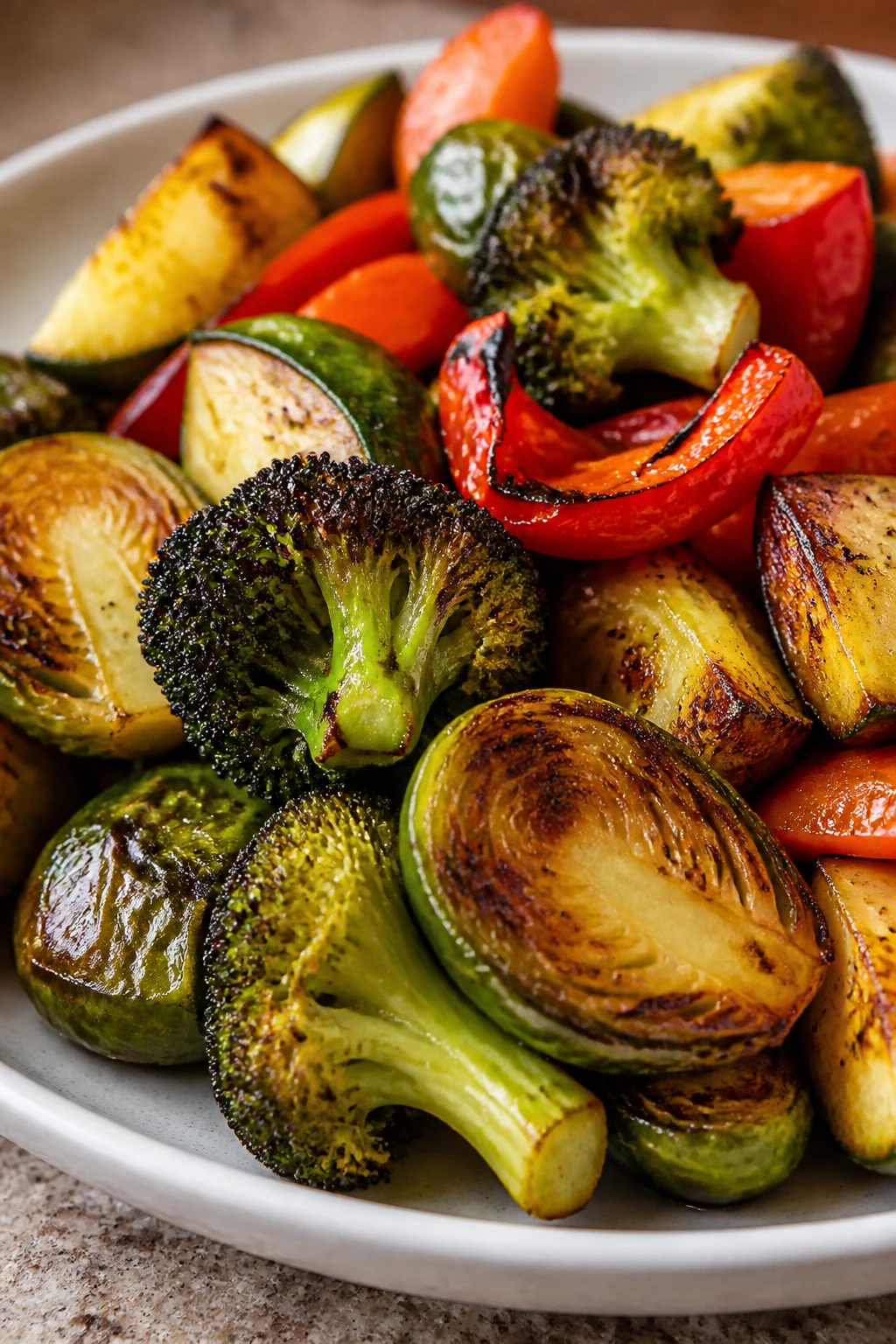 Close-up of assorted air-fried vegetables on a wooden board