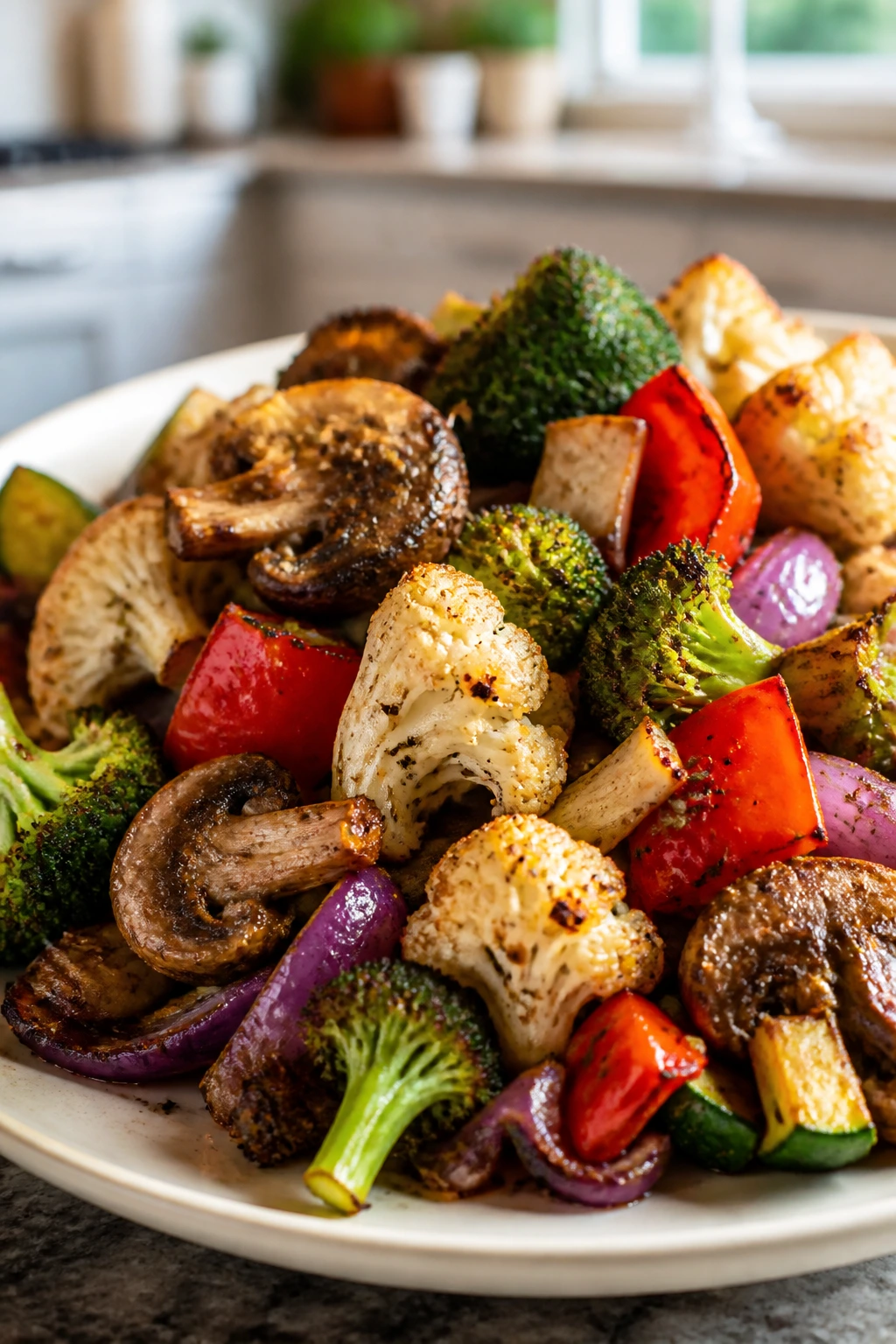 Colorful roasted-looking vegetables on a plate in a kitchen