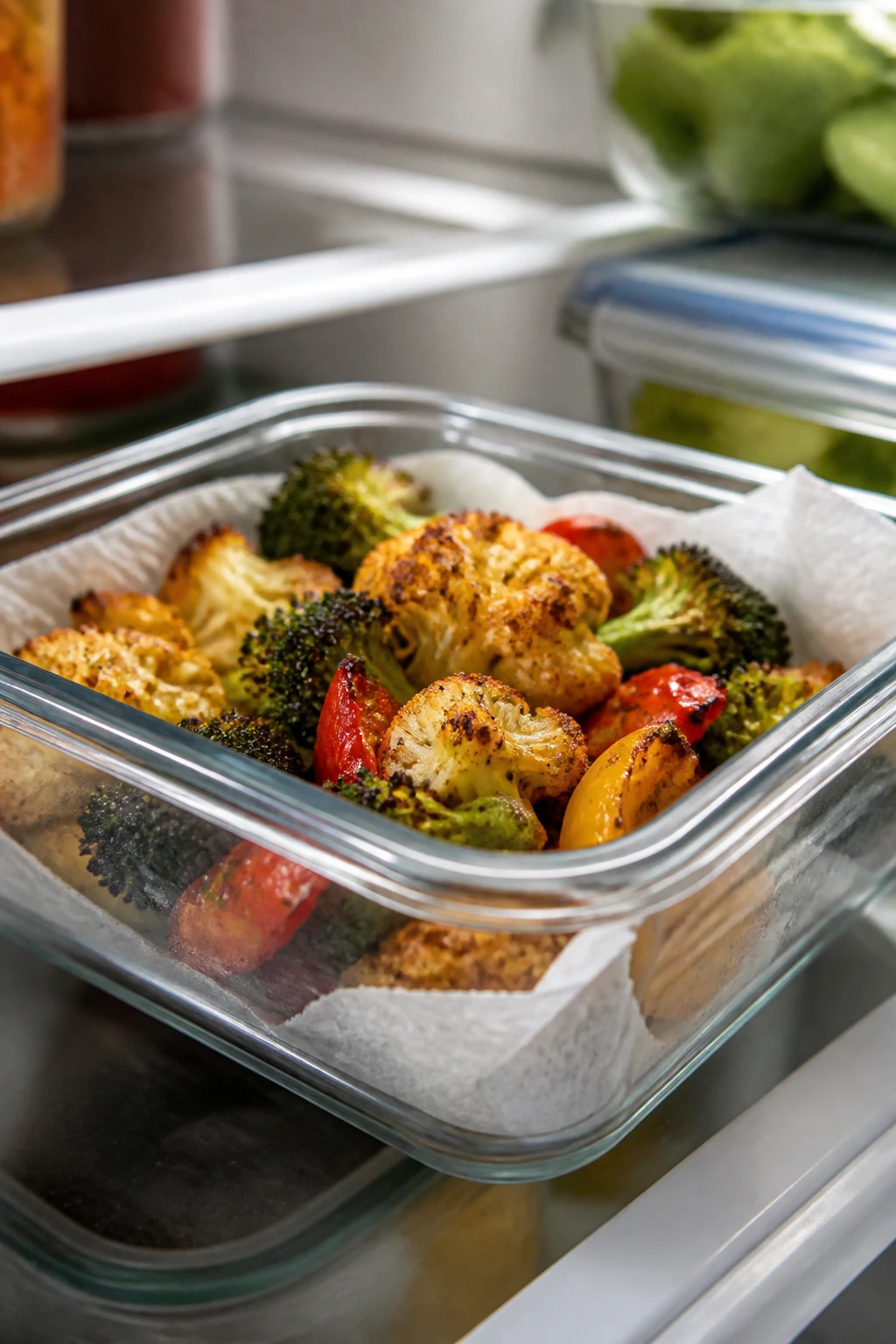 Close-up of crisp air-fried vegetables stored in a shallow container in a fridge