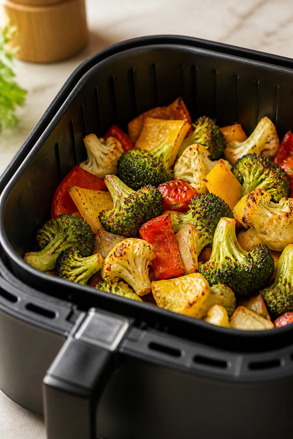 Air fryer basket with crisp vegetables filling the frame