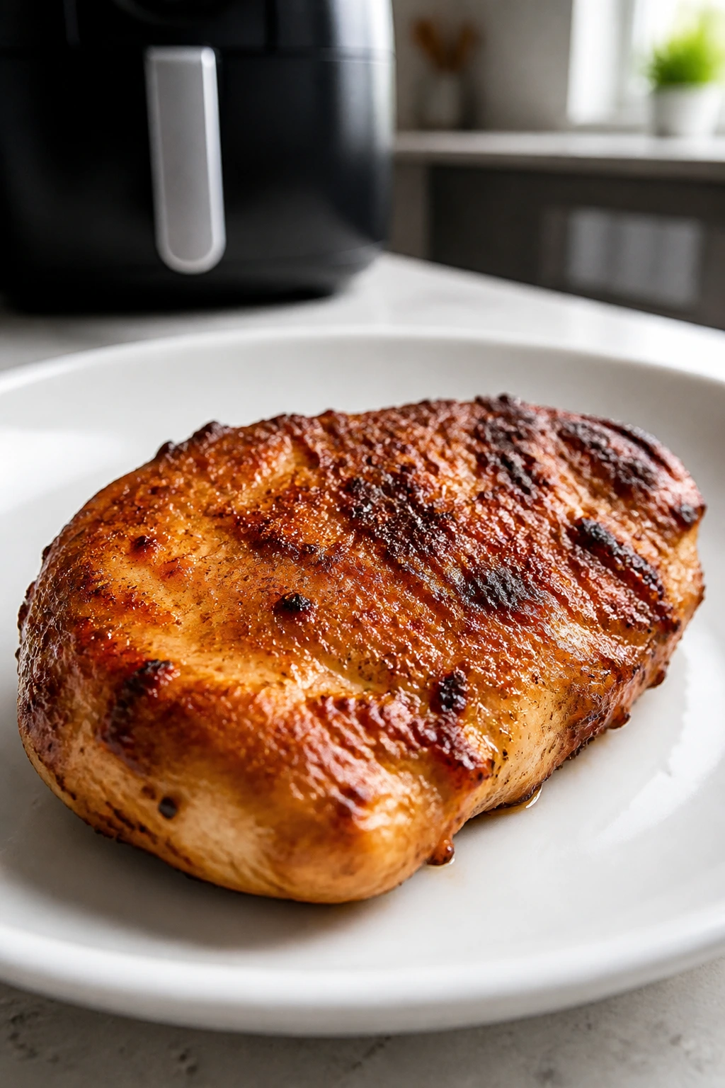 Crisp air-fried chicken cutlet on plate with golden crust