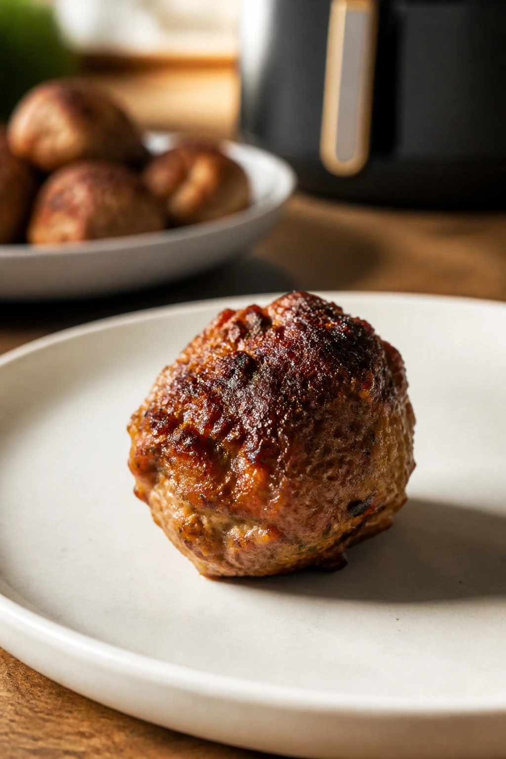 Close-up of air-fryer meatball with crackly top on plate