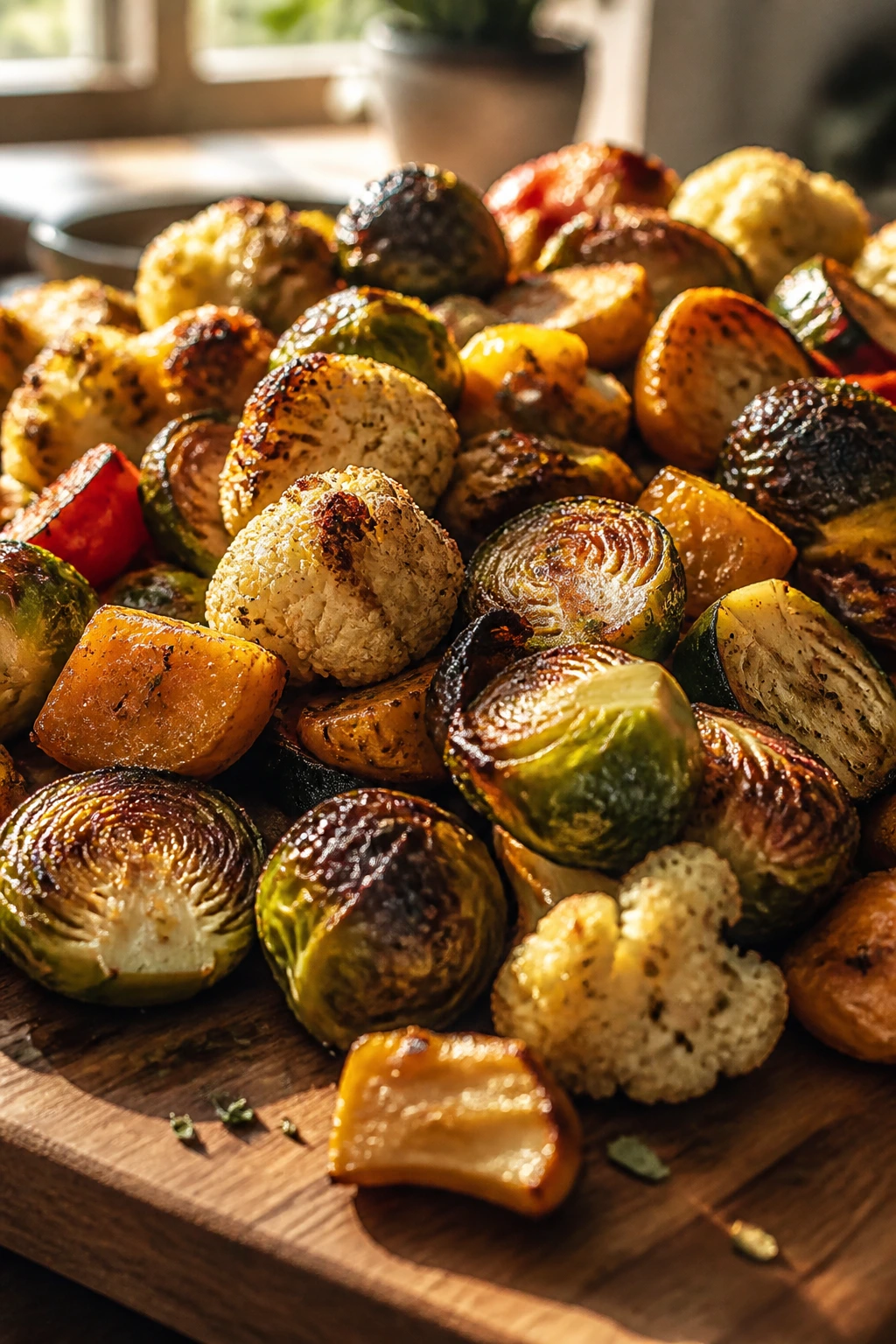 Close-up of crispy air-fried Brussels sprouts on a wooden board