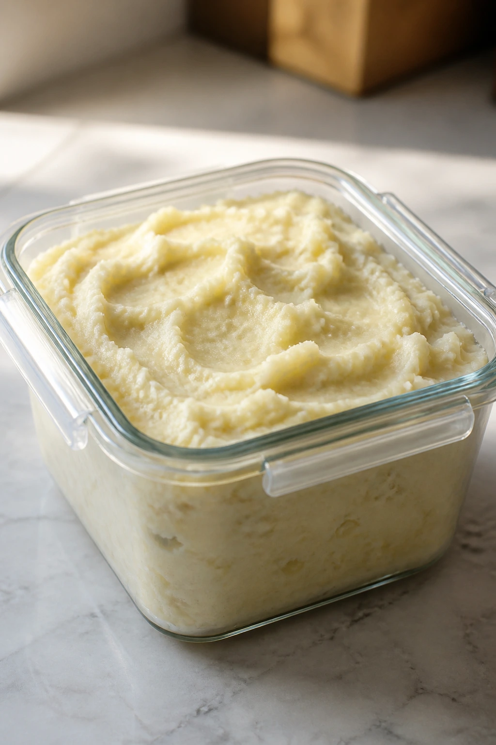 Airtight glass storage container with mashed leftovers