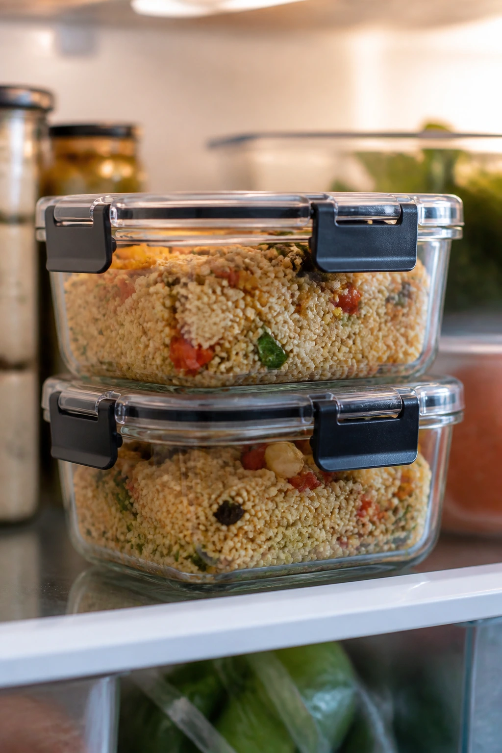 Airtight glass container with couscous portions in a fridge