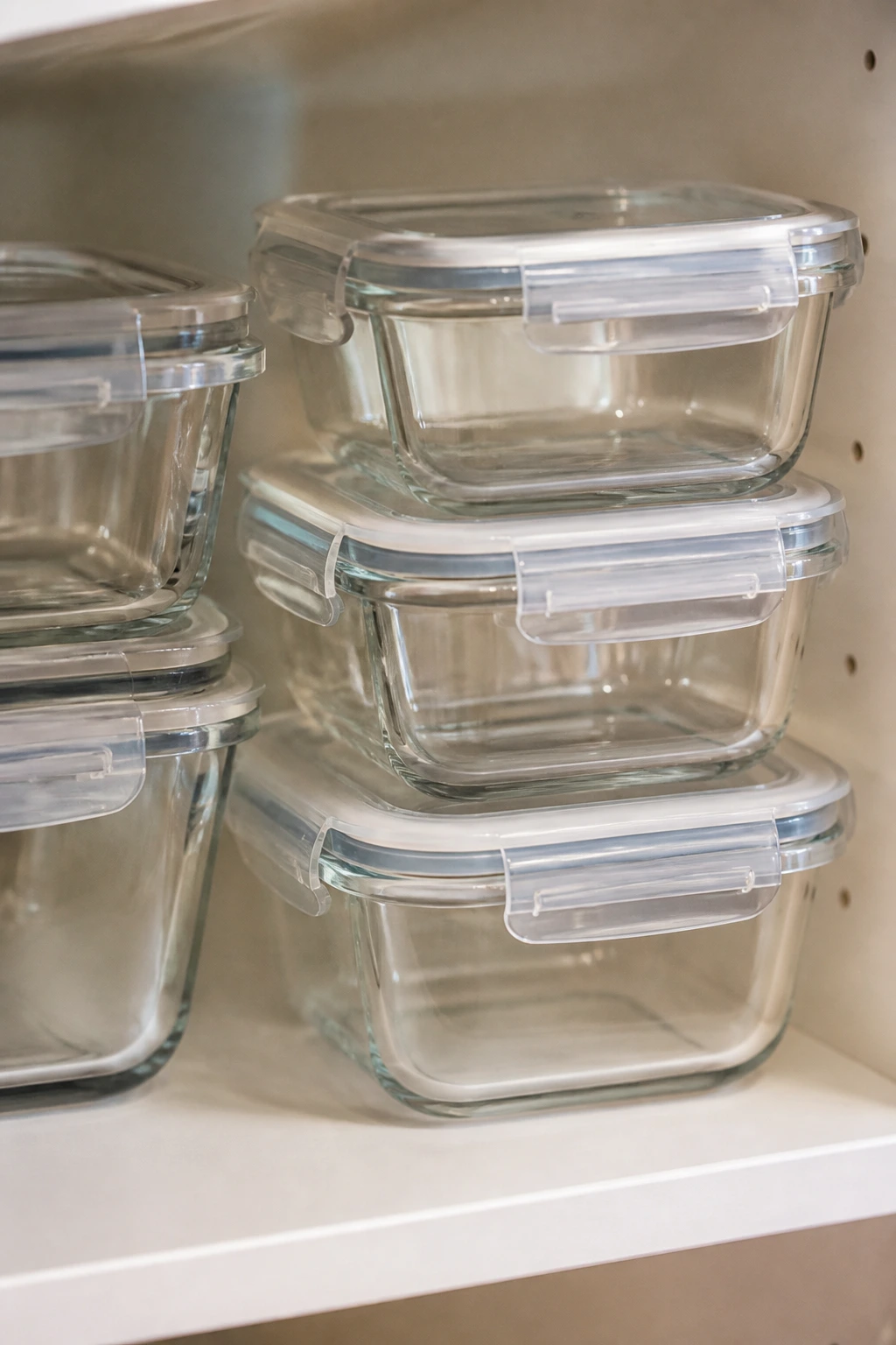 Stack of airtight glass containers in bright kitchen