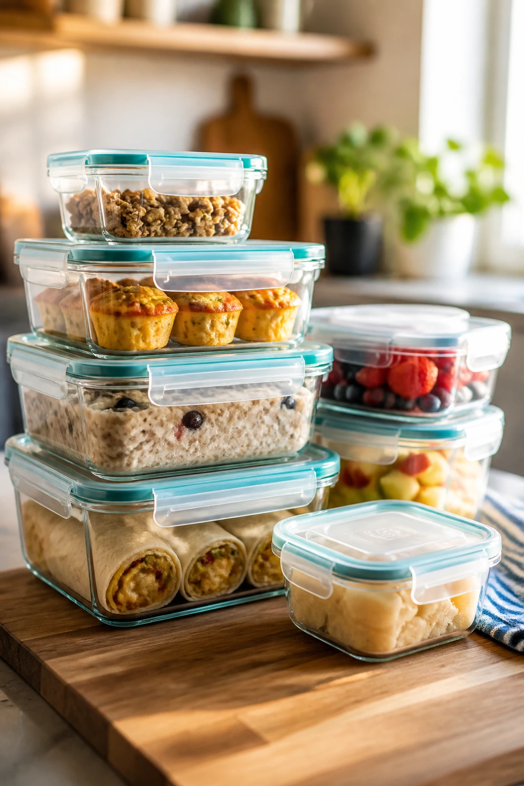 Airtight containers stacked on a counter illustrating make-ahead storage